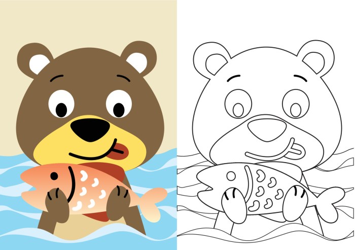 Animated bear cub holding fish coloring page