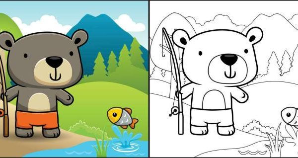 Animated bear cub holding fish coloring page