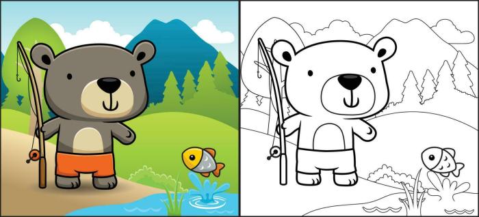 Animated bear holding fish coloring page