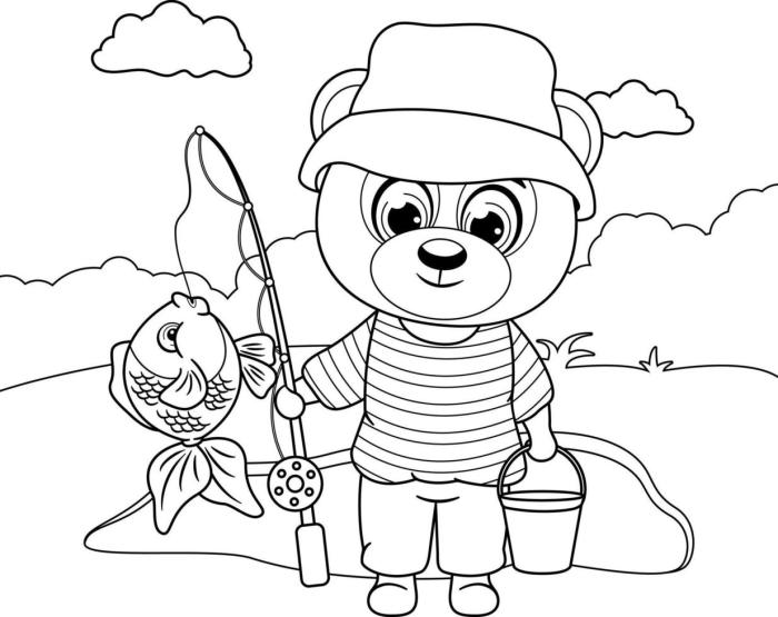 Animated bear cub holding fish coloring page