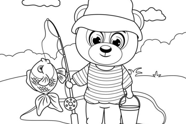 Animated bear holding fish coloring page