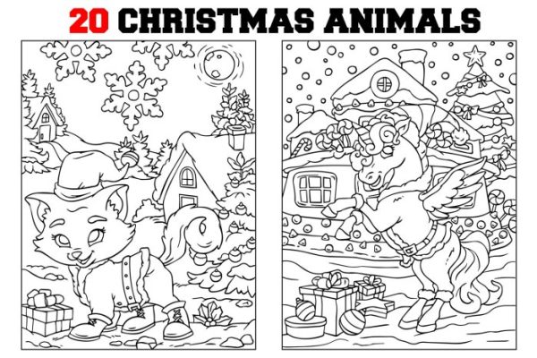 Animals surrounding a christmas coloring shee